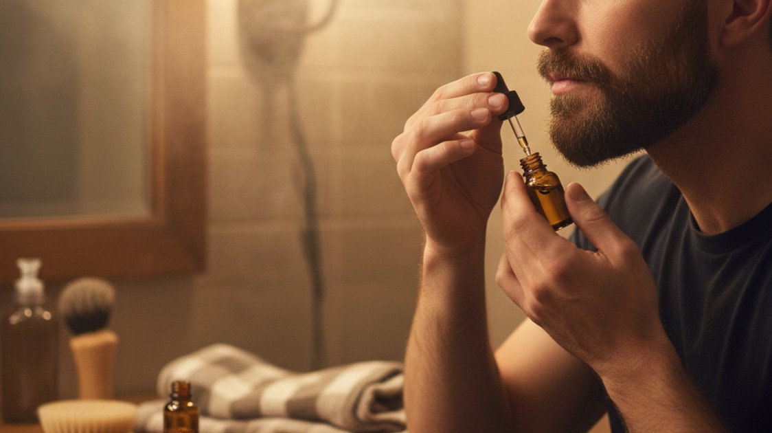 Homem aplicando óleo para barba crescer