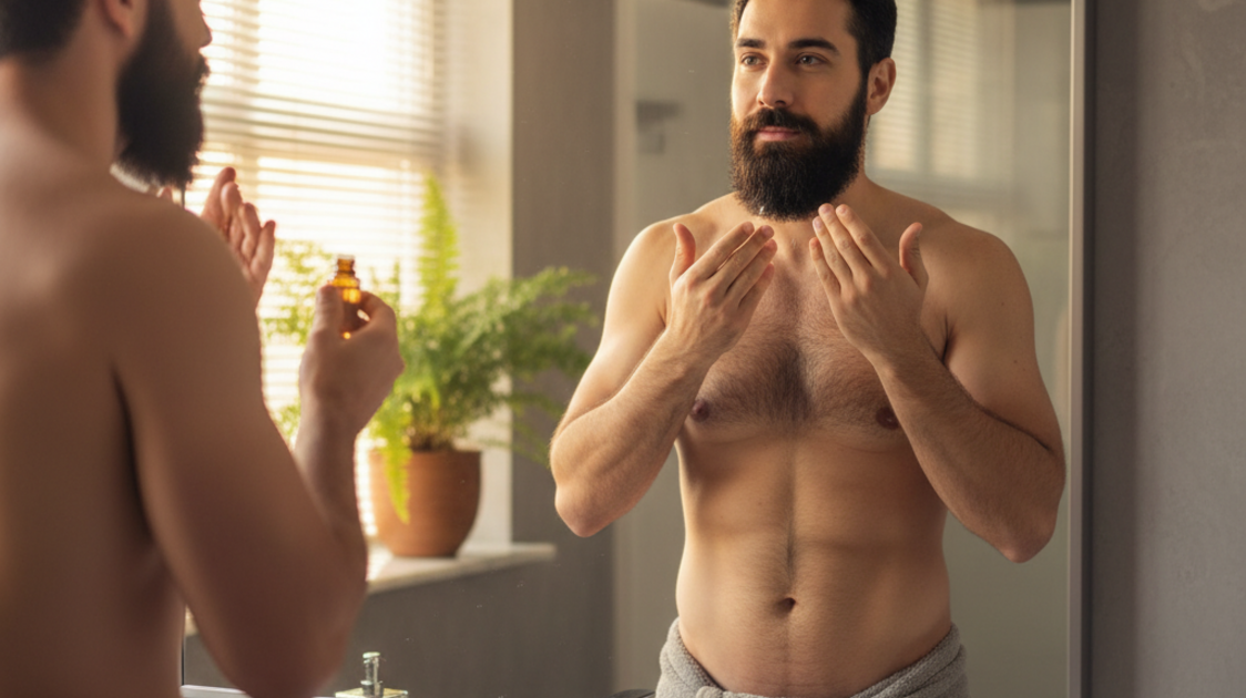 Homem usando produtos do kit barba masculino