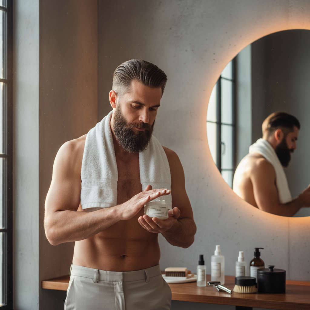 Homem aplicando produto durante rotina de cuidados com a barba