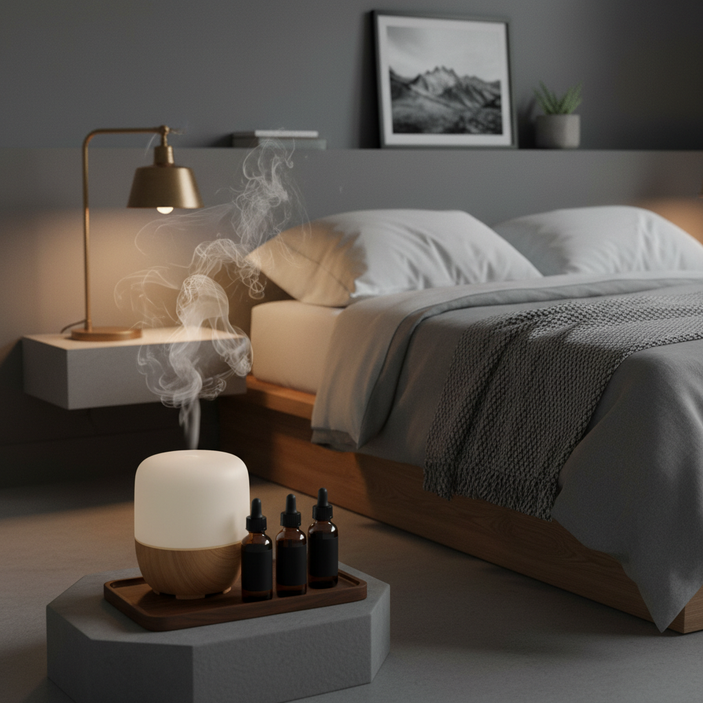 difusor com óleos essenciais em quarto masculino minimalista