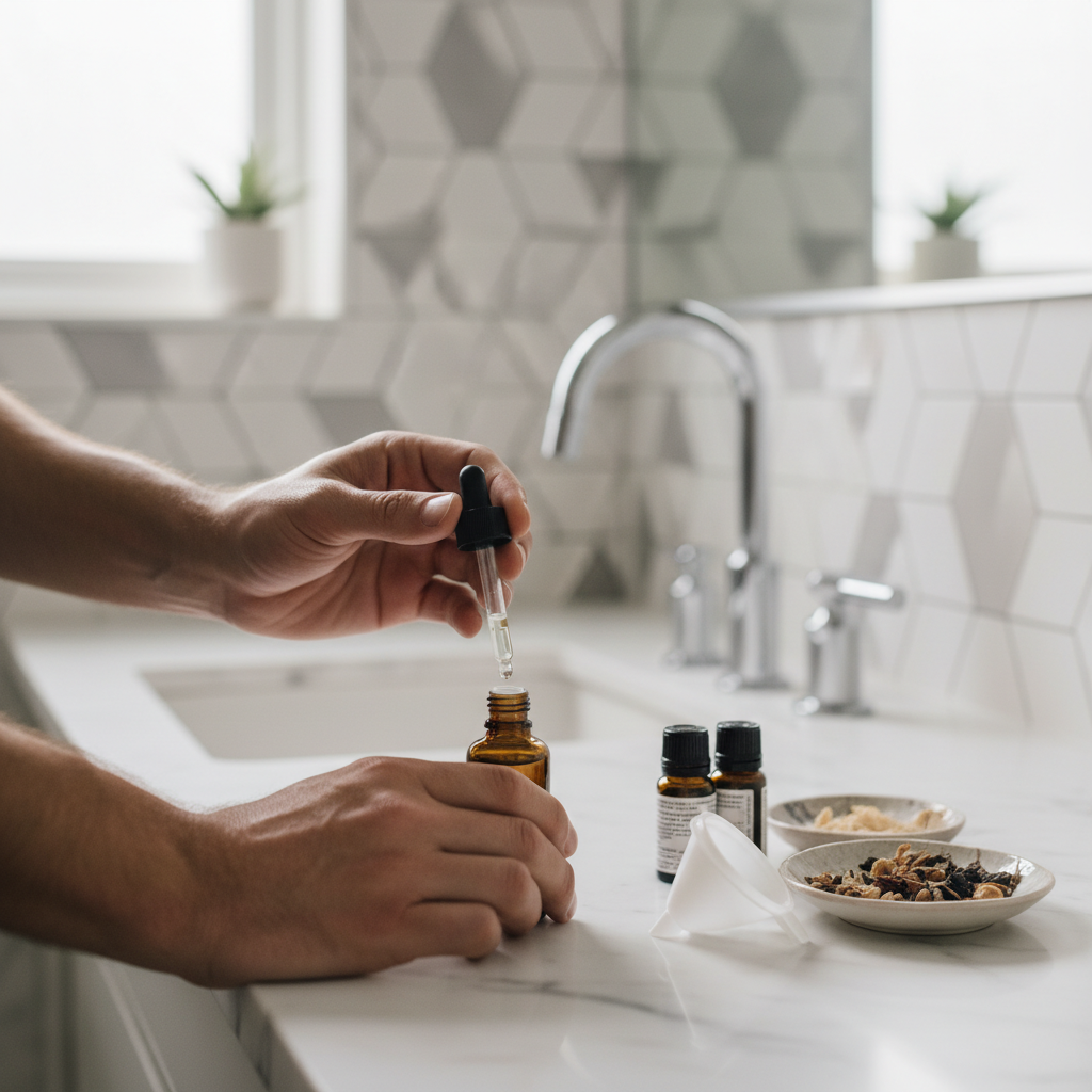 homem preparando mistura diluída com óleos essenciais