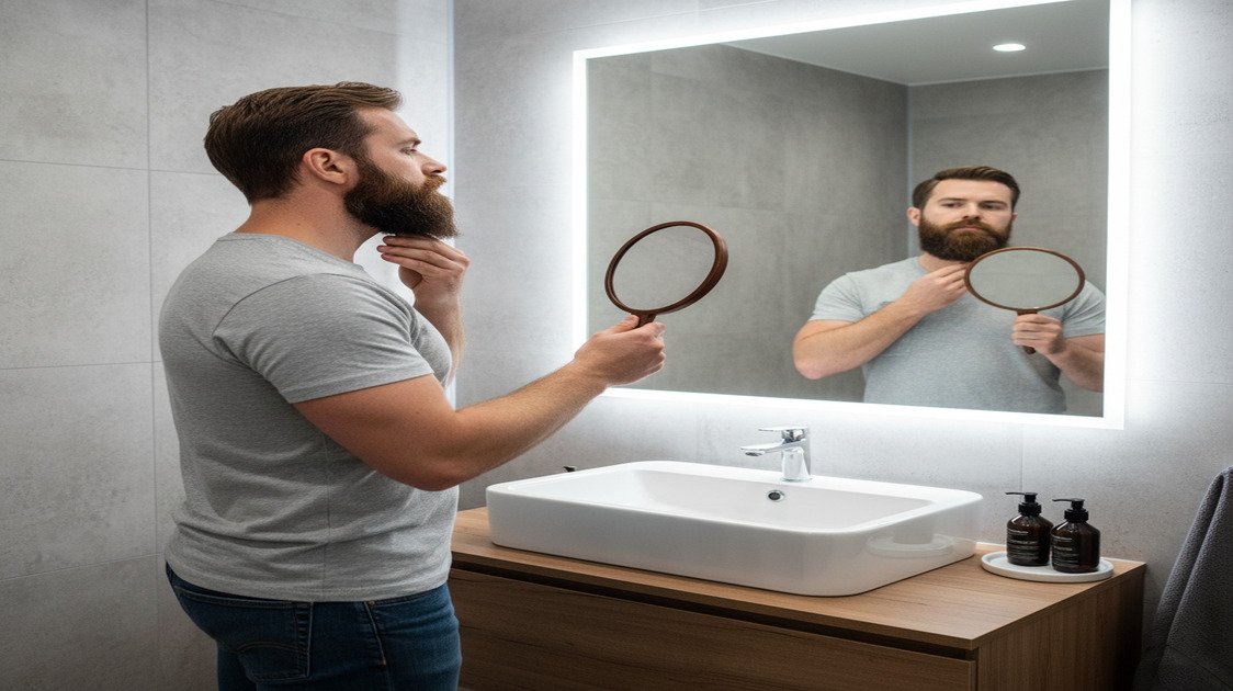 Homem verificando a linha da barba no espelho