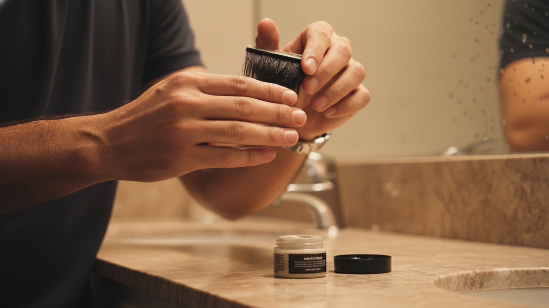 Homem aplicando pomada matte no cabelo masculino estilizado