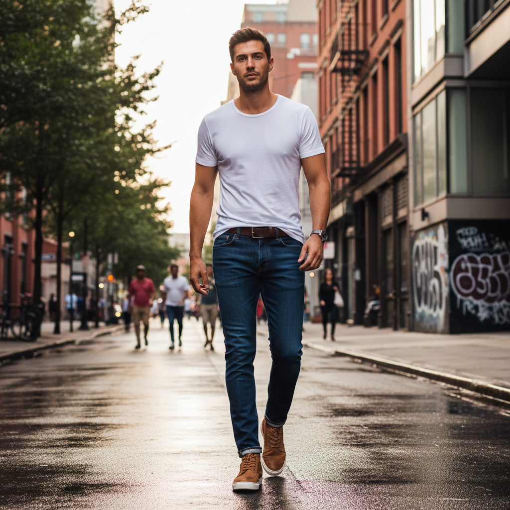 Homem usando estilo casual clássico com camiseta branca e jeans bem ajustado