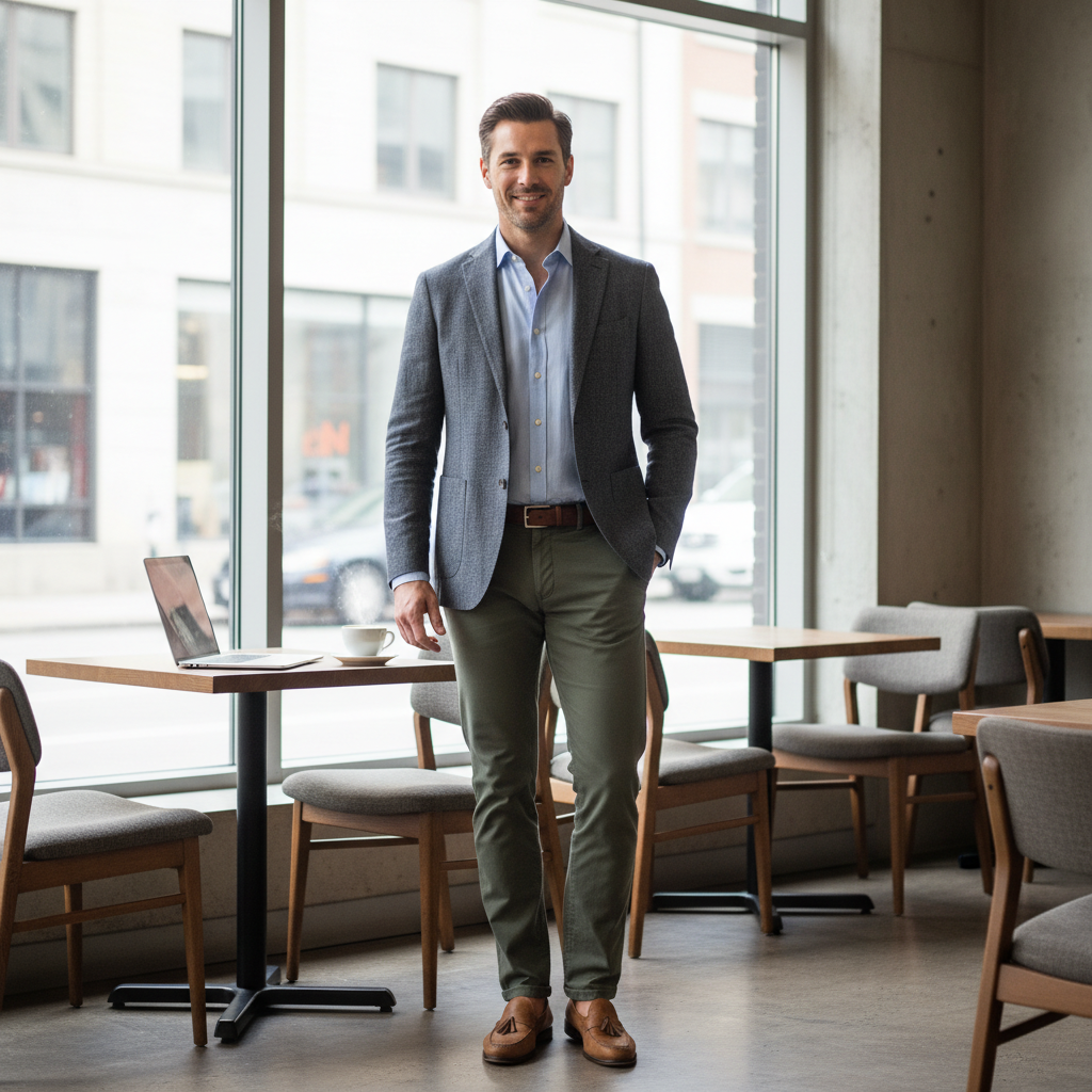 Homem de postura confiante vestindo blazer e camisa em estilo esporte fino moderno