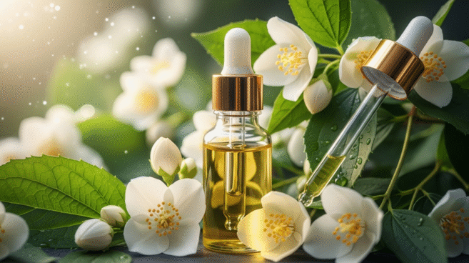 Óleo essencial de jasmim — flores brancas e frasco