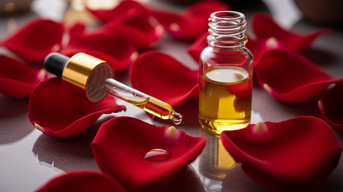 Óleo essencial de rosa — pétalas e frasco valioso