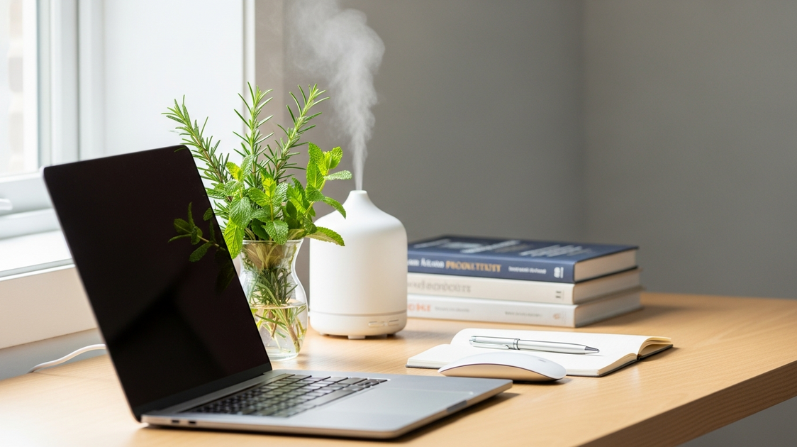 Óleo essencial para concentração — difusor no home office