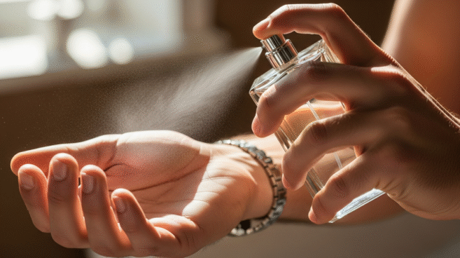 Homem aplicando perfume masculino no ponto de pulso do pulso