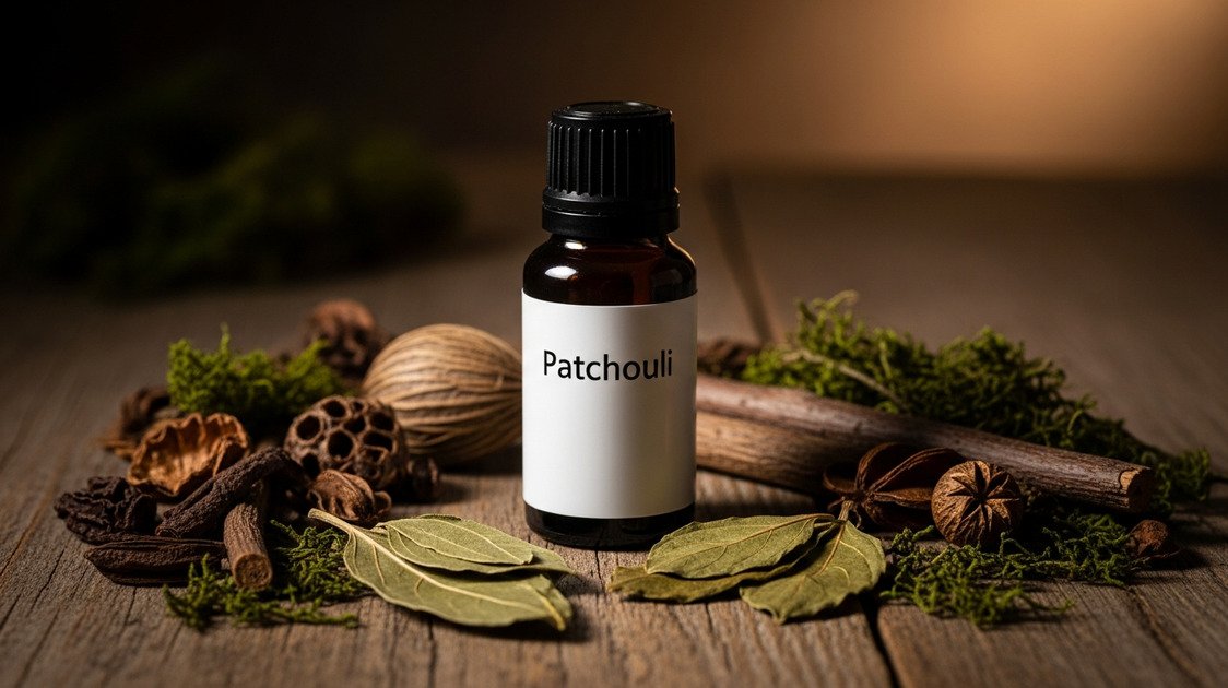 Óleo essencial de patchouli — frasco e folhas