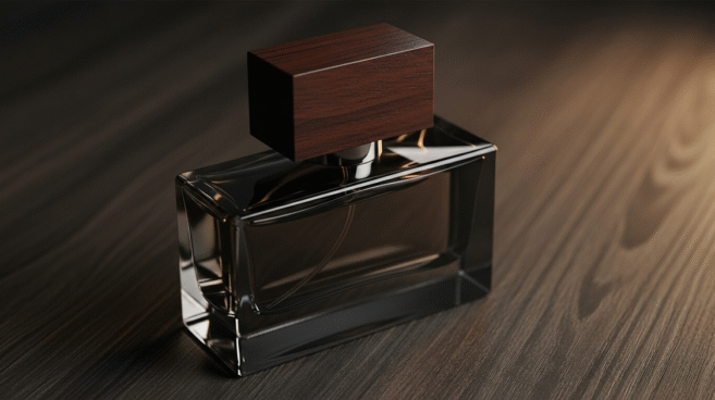 Perfume masculino amadeirado — frasco elegante sobre madeira