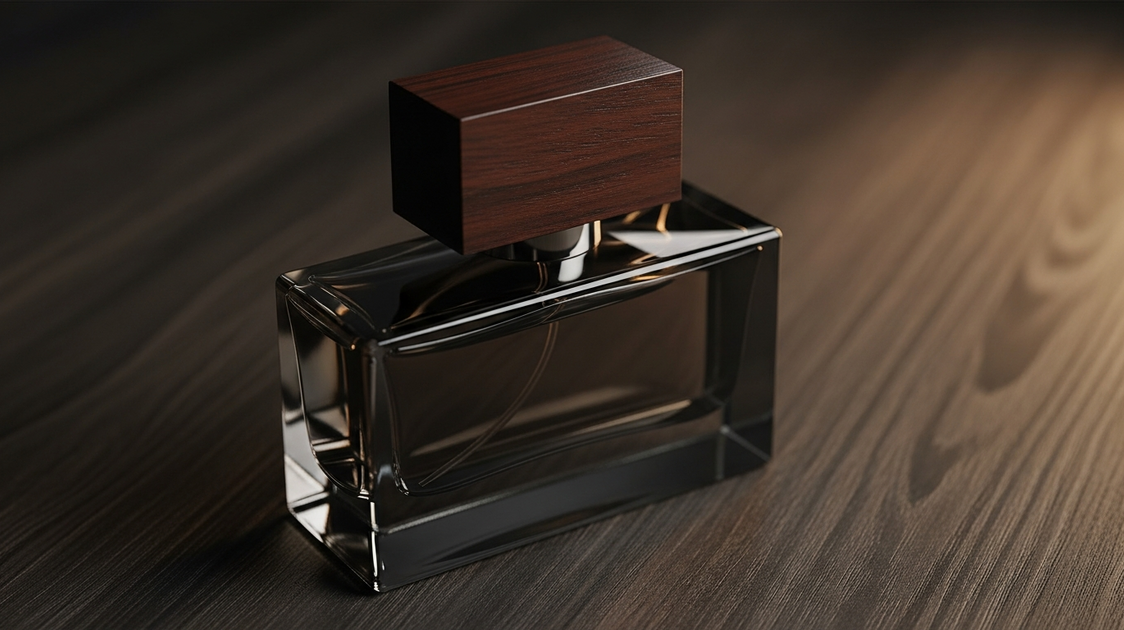Perfume masculino amadeirado — frasco elegante sobre madeira