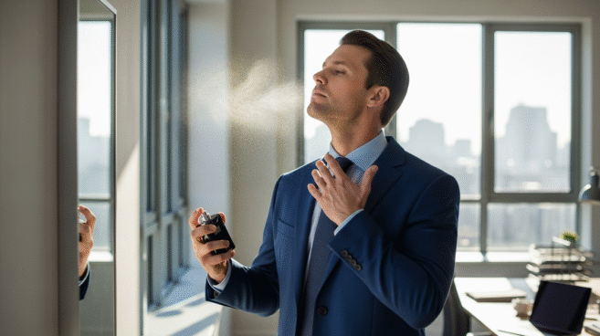 Homem elegante aplicando perfume discreto para o trabalho