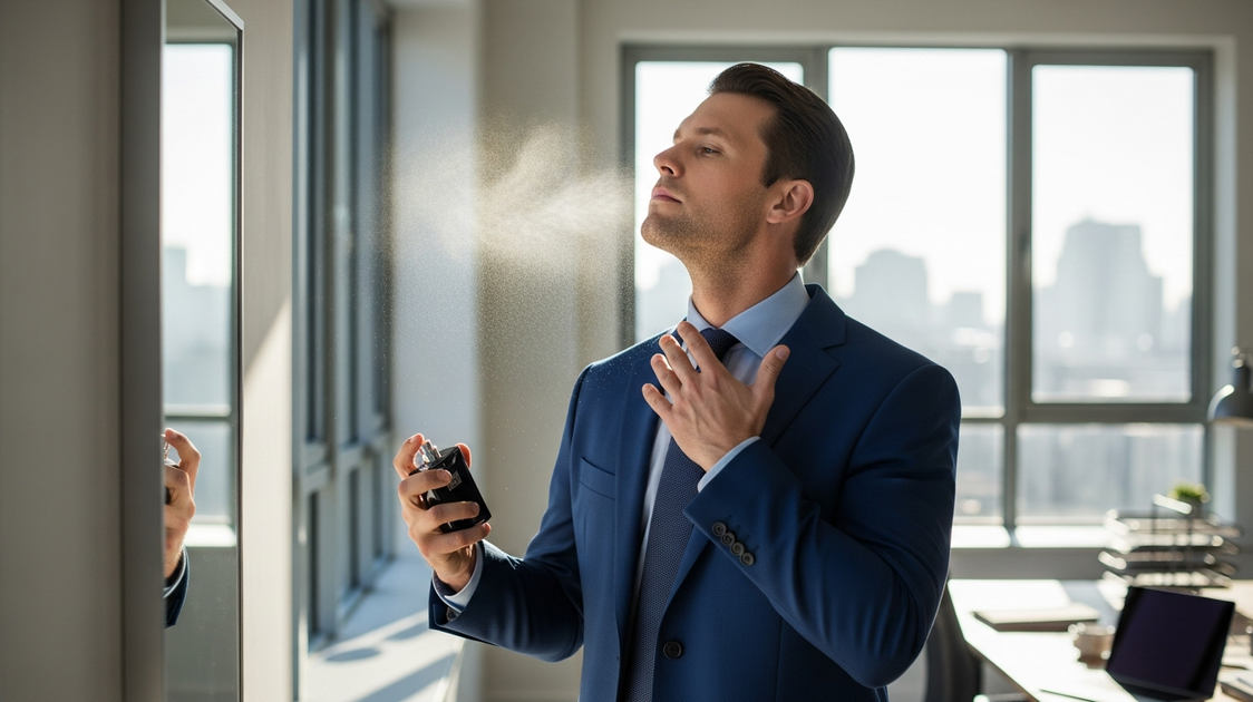 Homem elegante aplicando perfume discreto para o trabalho