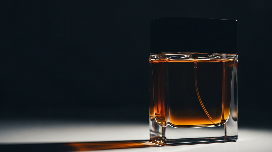 Perfume masculino sedutor — frasco com iluminação dramática