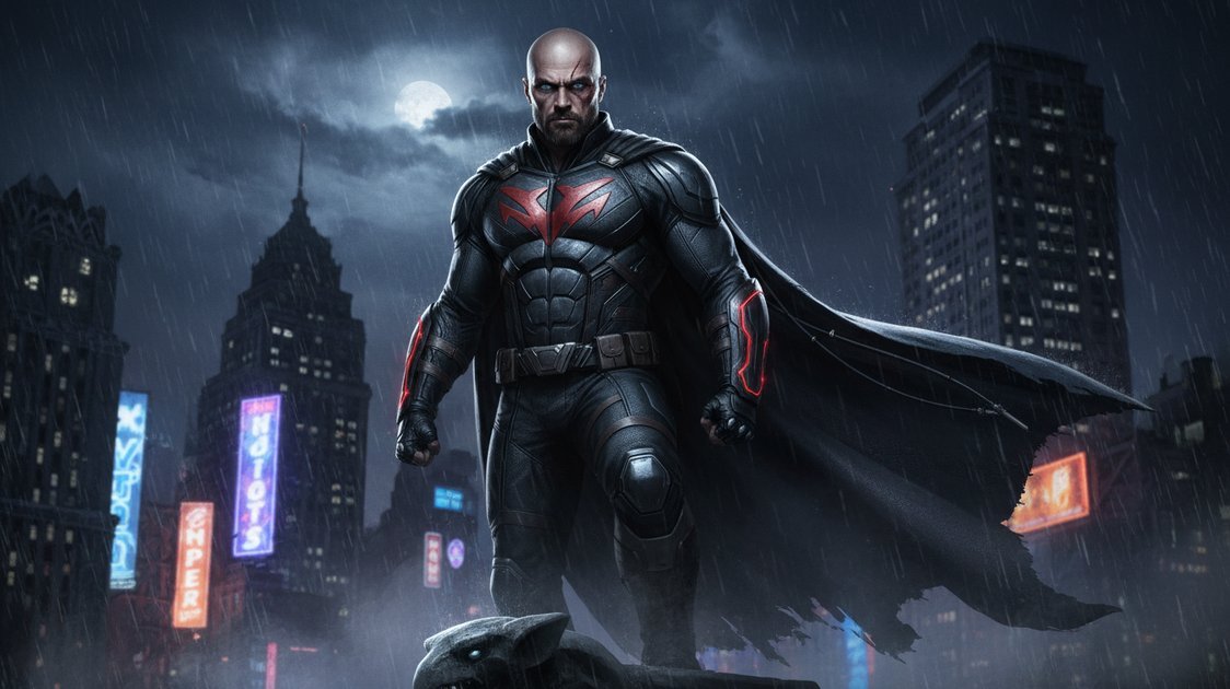 Anti-herói careca com barba, visual sombrio e poderoso