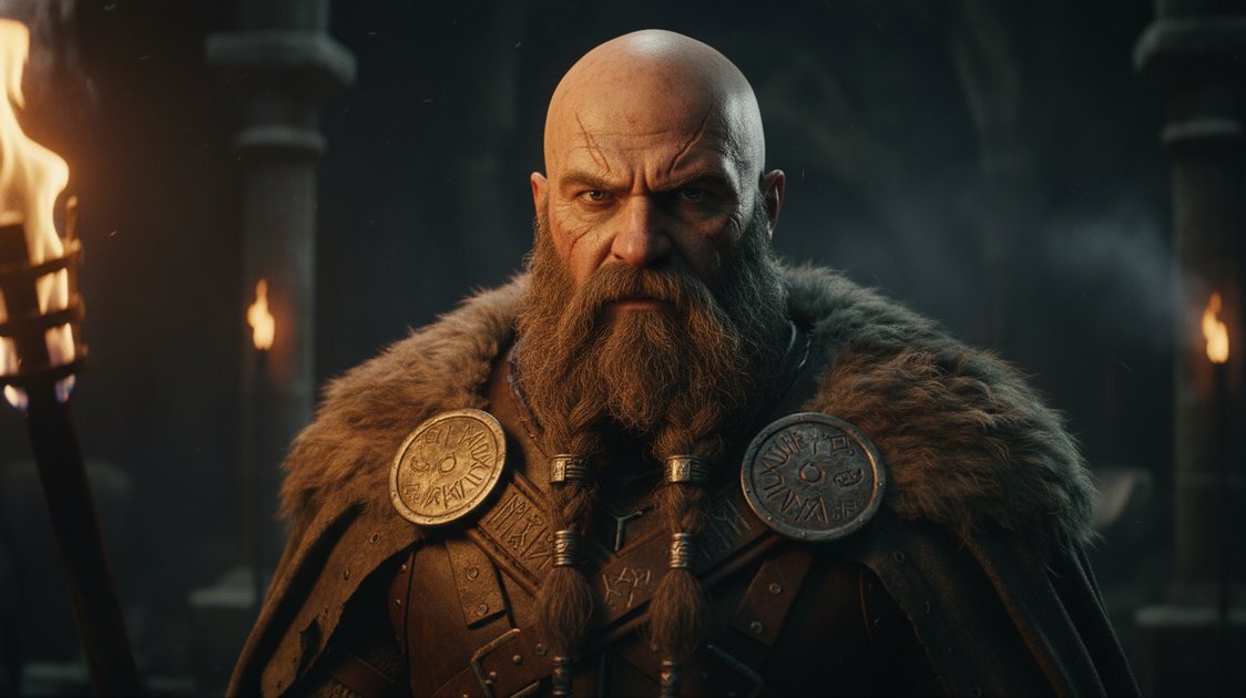 Personagem guerreiro careca com barba épica