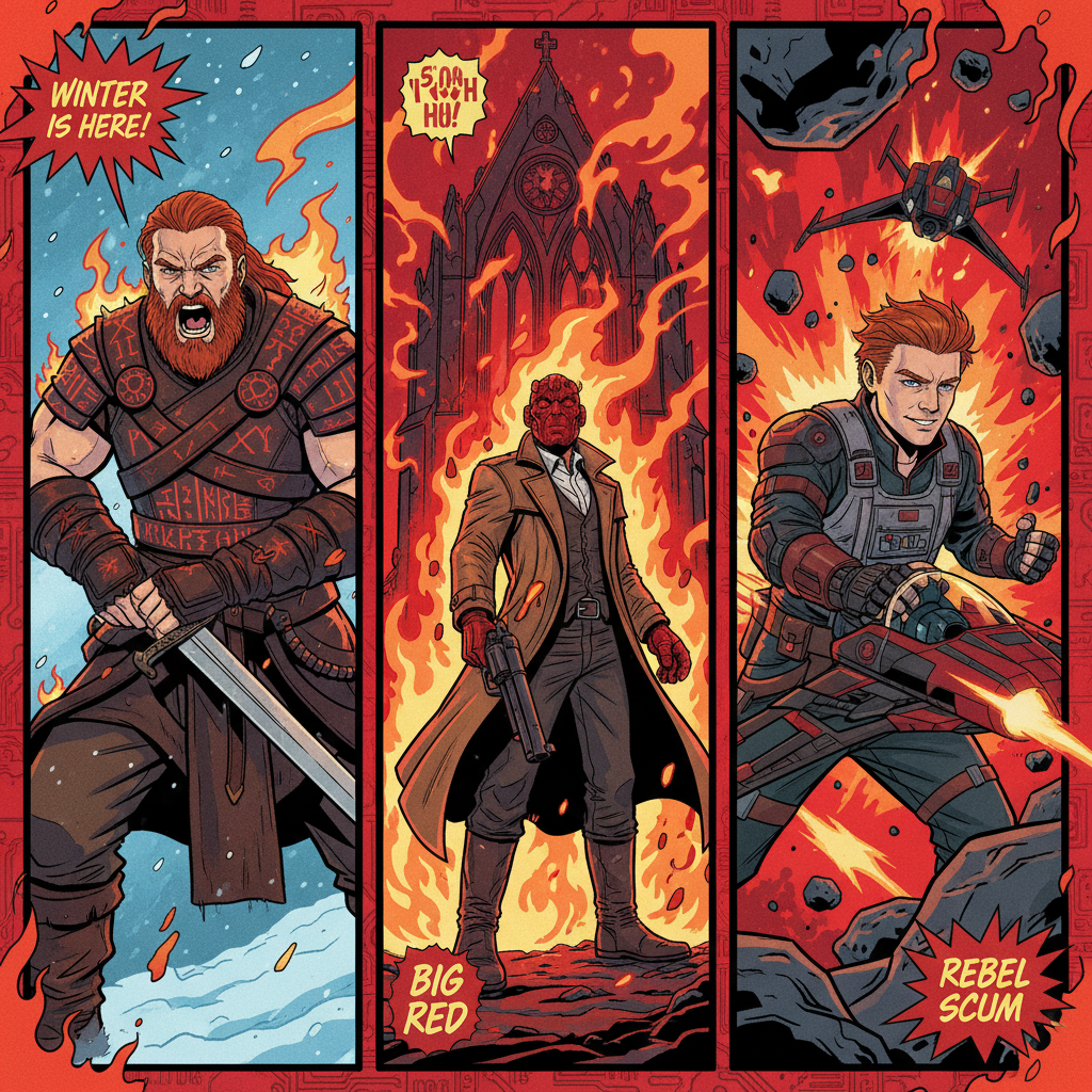 Personagens ruivos masculinos de séries icônicas do cinema e TV — ilustração estilizada