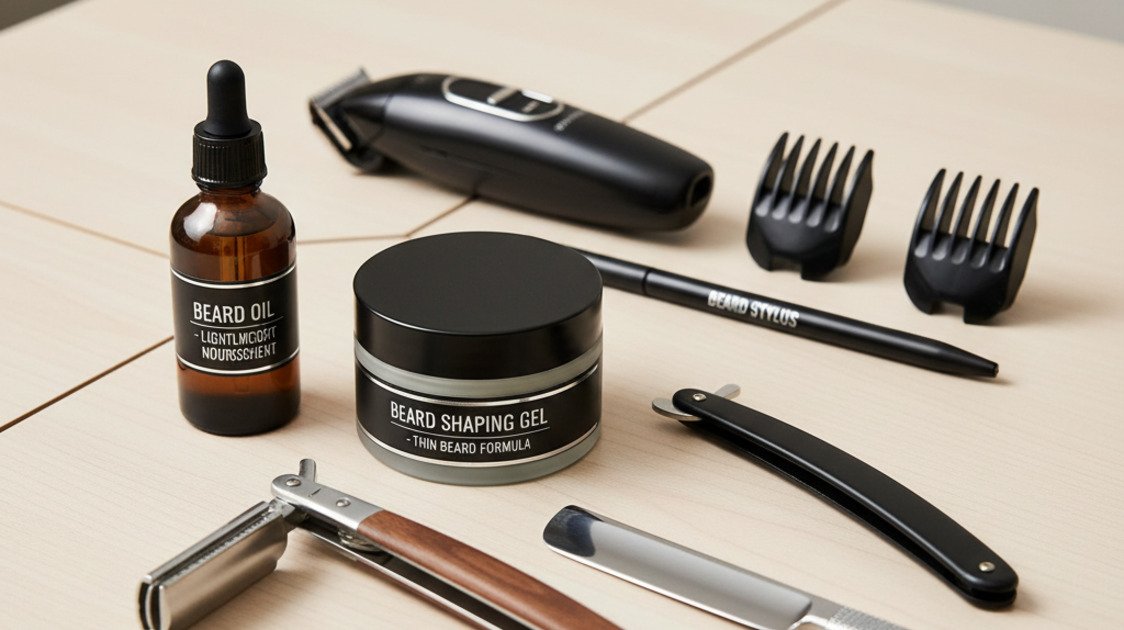 Produtos para barba fina: óleo, aparador de precisão e gel modelador