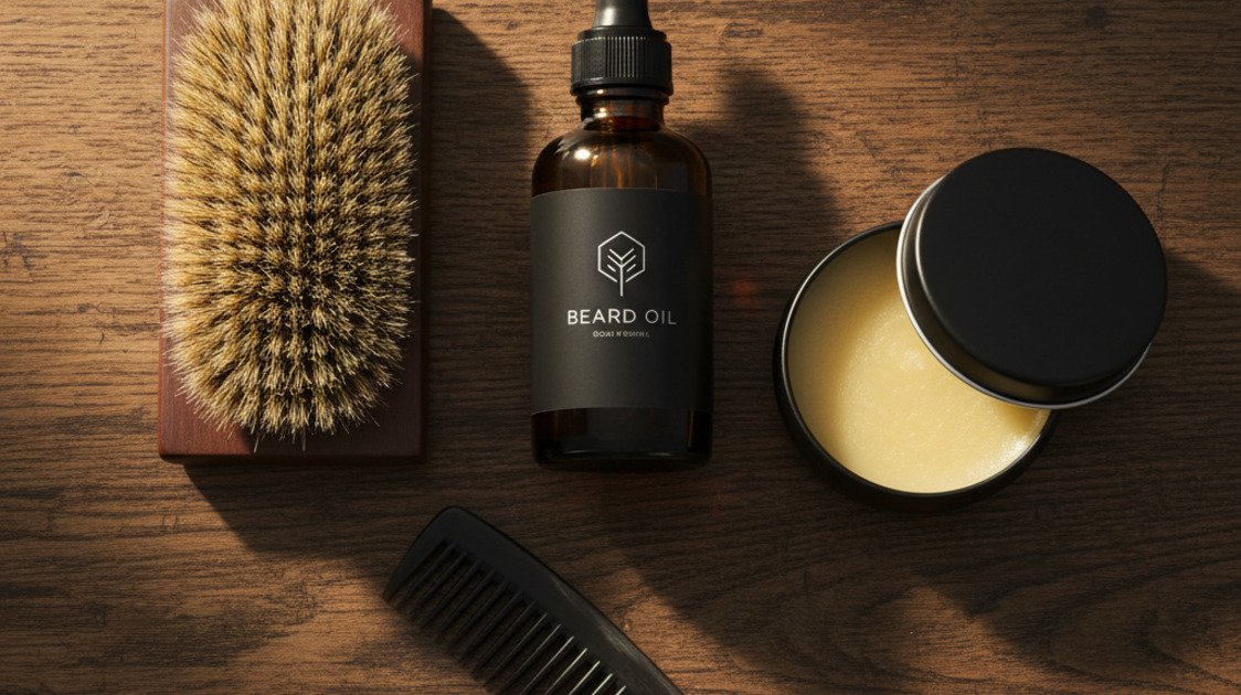 Produtos essenciais para cuidar da barba viking: óleo, escova e balm