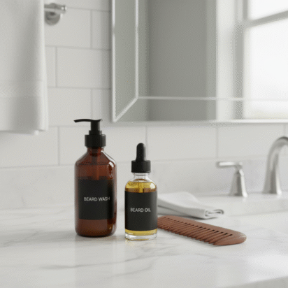 Kit essencial para barba iniciante com óleo, shampoo e pente de madeira sobre a bancada