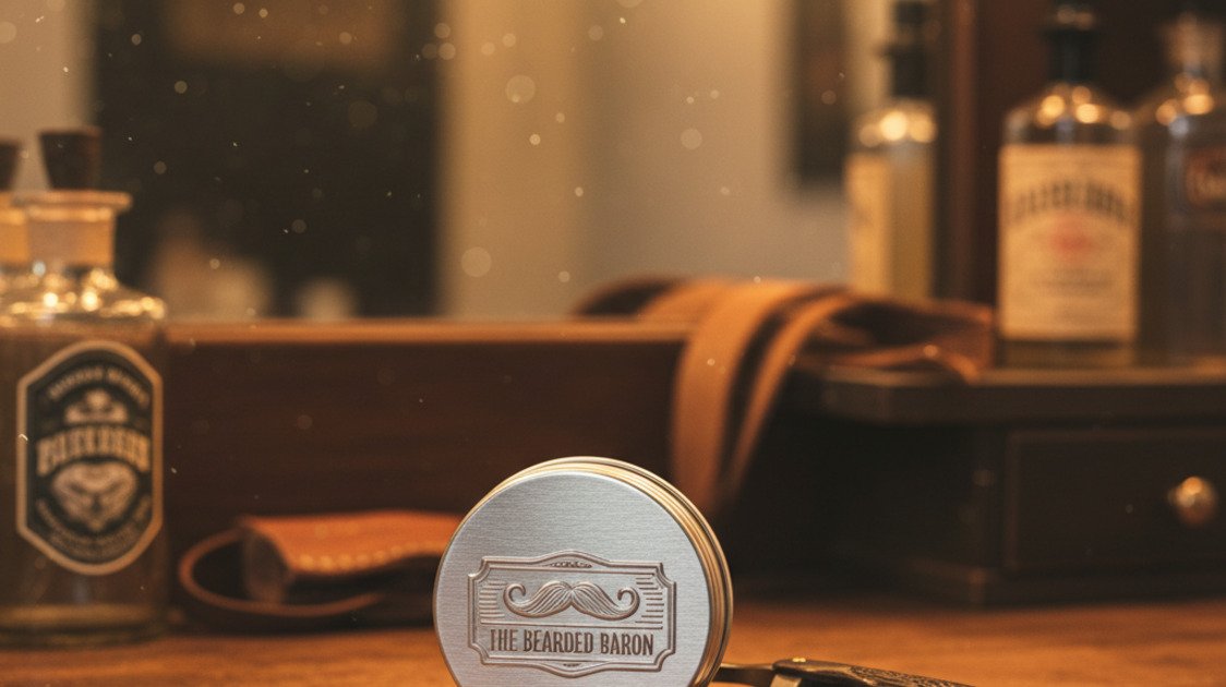 Produtos para bigode: cera, pente e navalha sobre bancada de barbearia