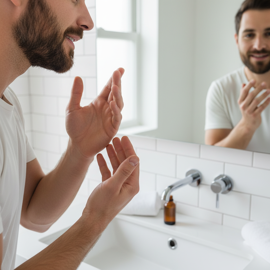 Homem aplicando óleo de barba nos fios curtos massageando o rosto no espelho