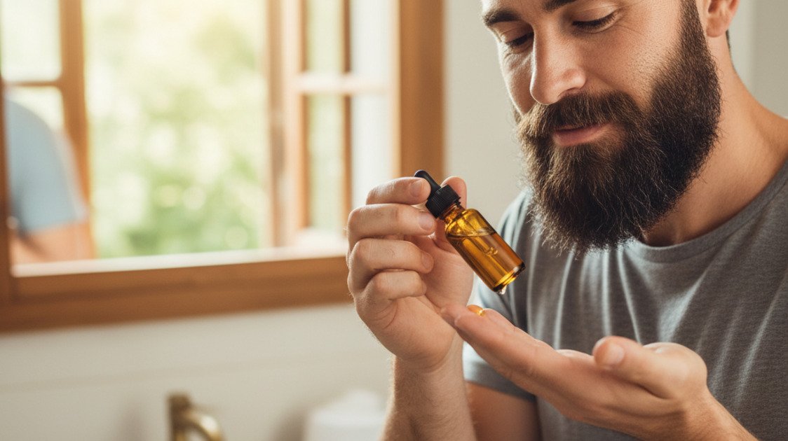 Homem aplicando óleo de barba