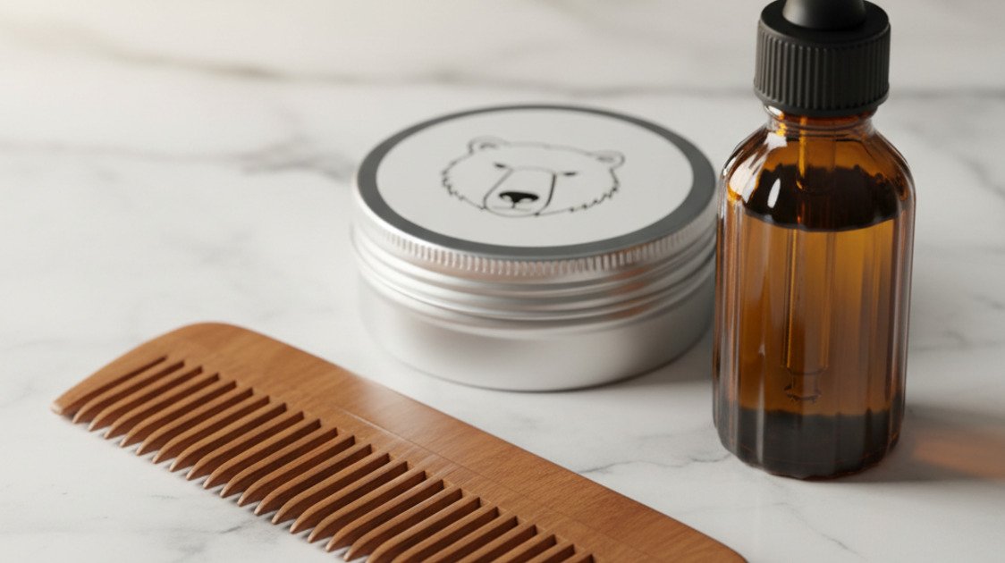 Pente, balm e óleo de barba em superfície de mármore