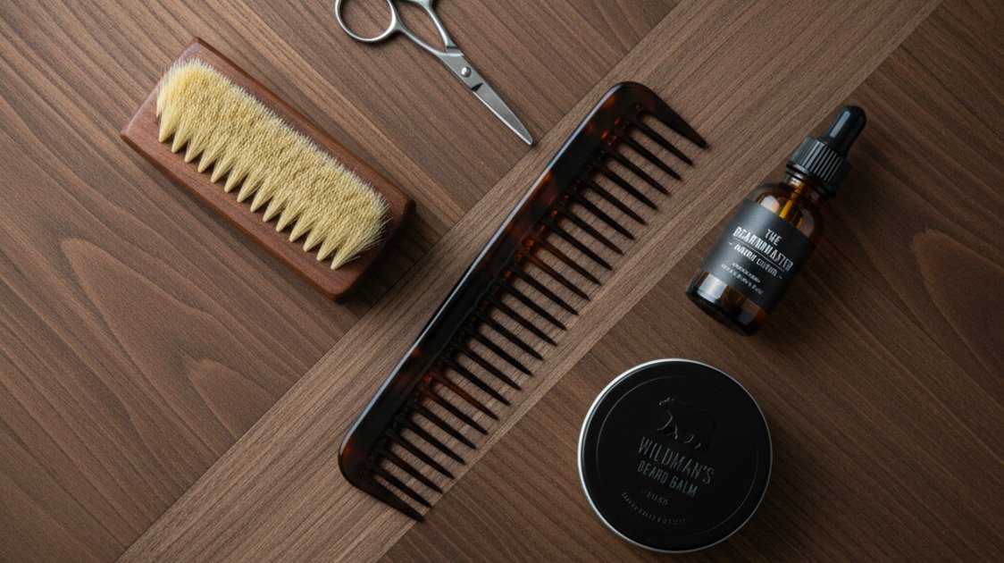 Produtos para rotina de barba: óleo, balm, escova e pente organizados