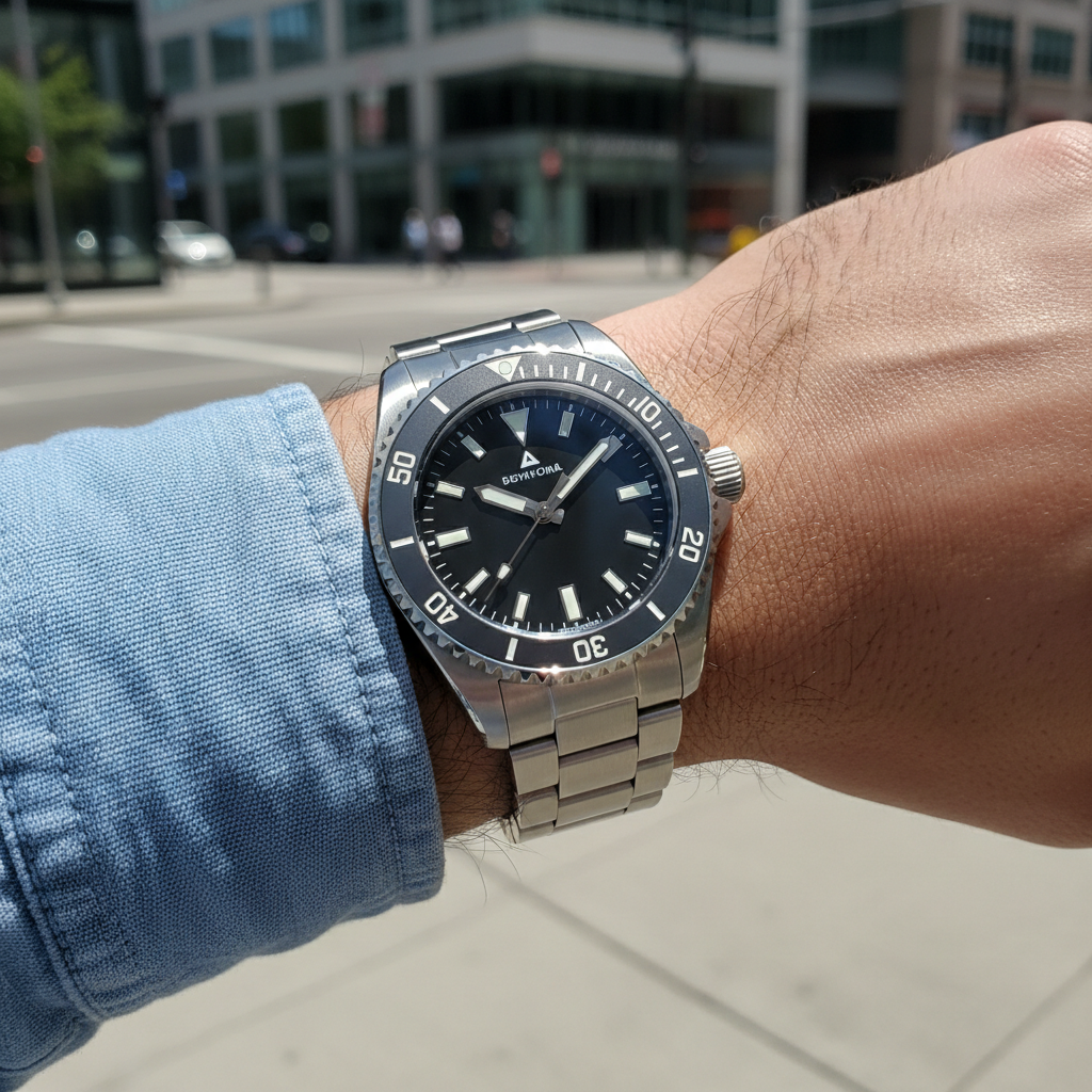 Relógio masculino estilo dive watch com bracelete de aço no pulso