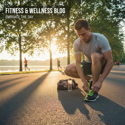 Homem amarrando o tênis de corrida ao ar livre, focando em hábitos de saúde e bem-estar