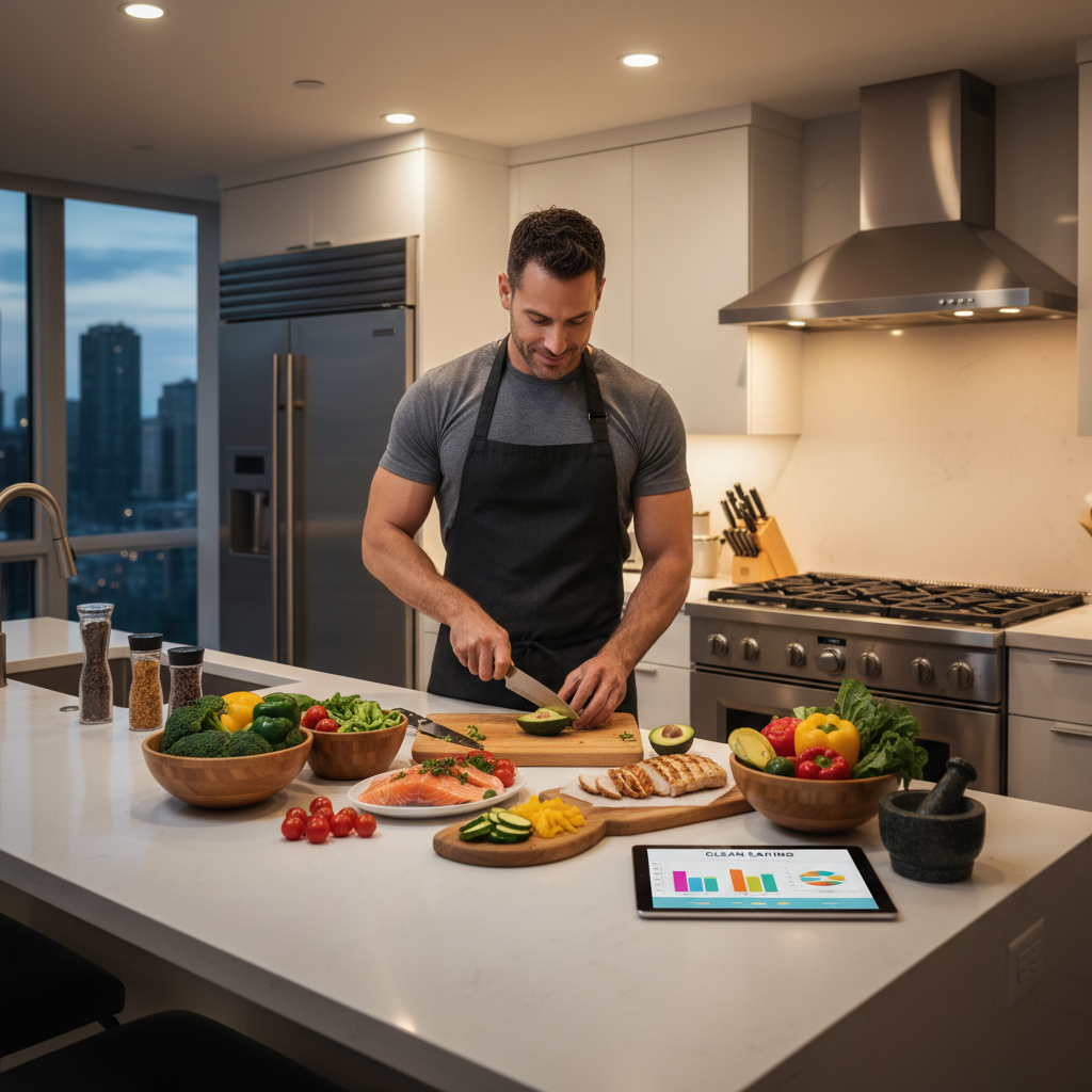 Homem preparando refeição saudável e equilibrada na cozinha