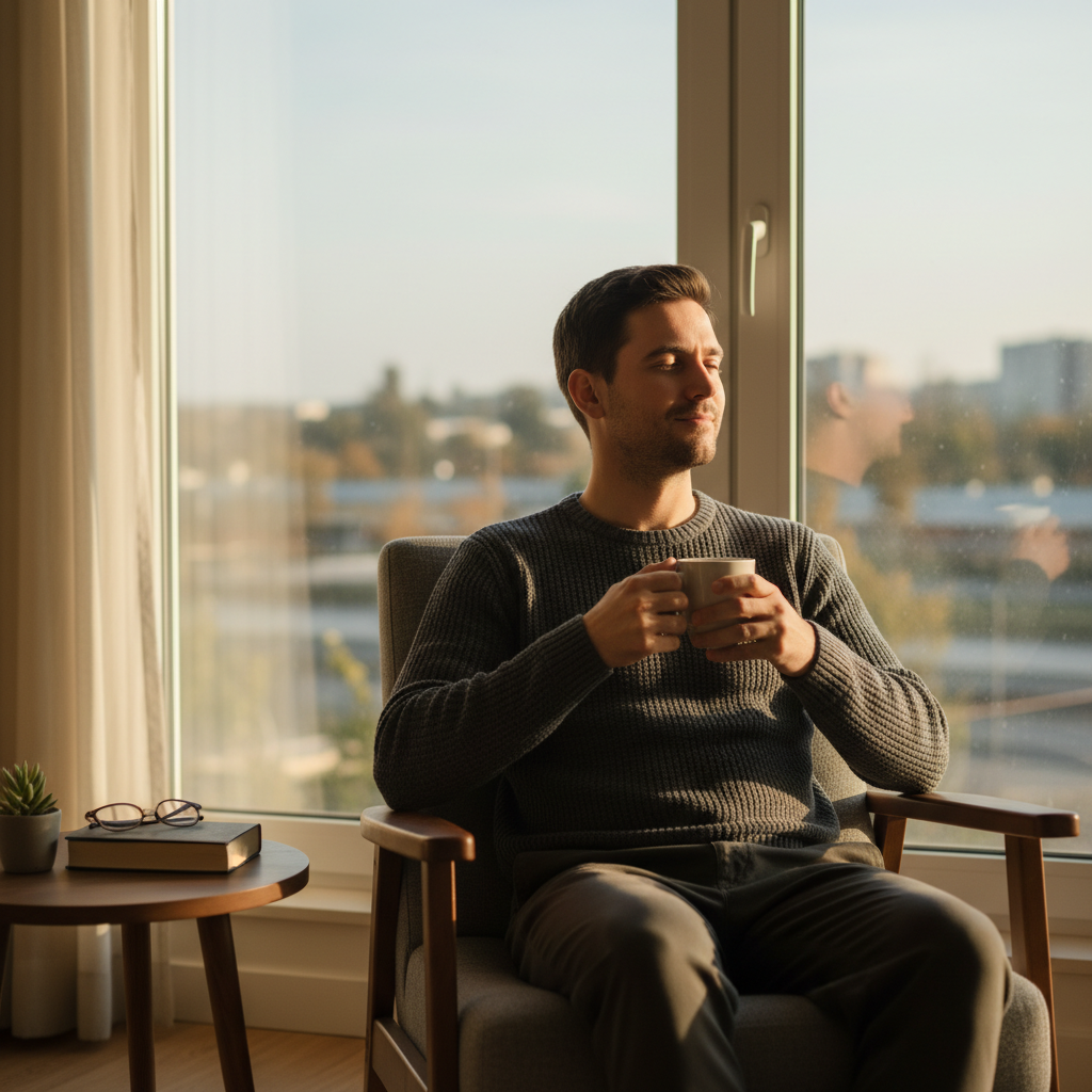 Homem relaxando e cuidando da saúde mental ao tomar café pela manhã