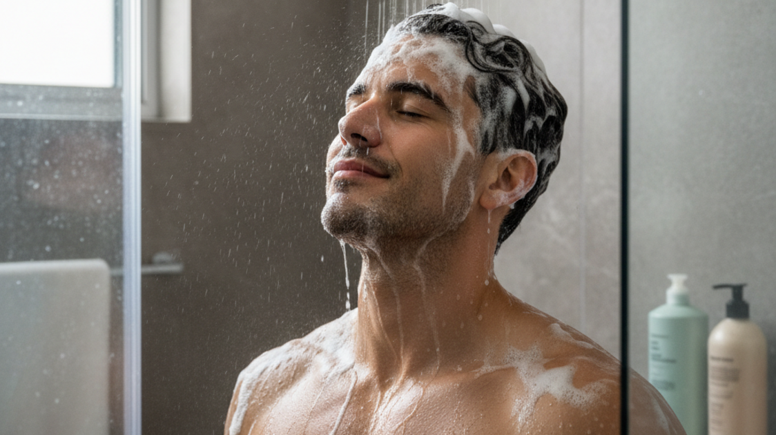 Homem lavando o cabelo com shampoo masculino no chuveiro