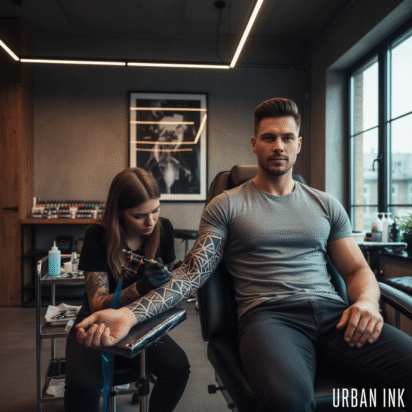 Homem tatuando o braço em estúdio moderno - referência de tatuagem masculina