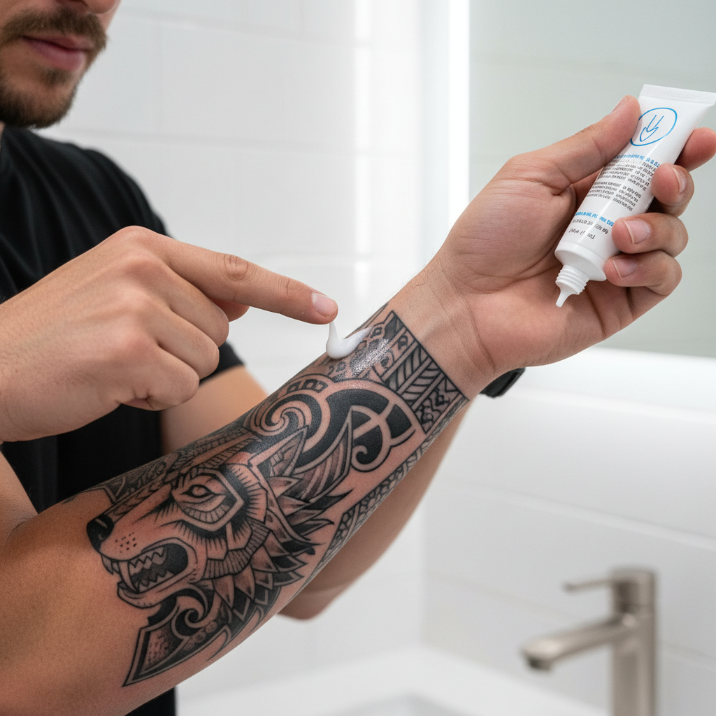 Homem passando pomada de cicatrização em tatuagem nova no antebraço