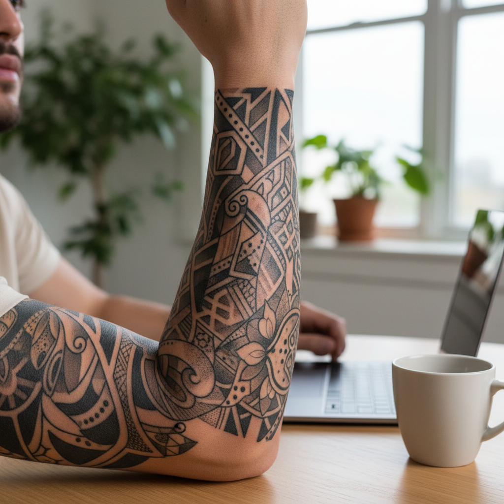 Tatuagem blackwork cicatrizada com estilo masculino no braço