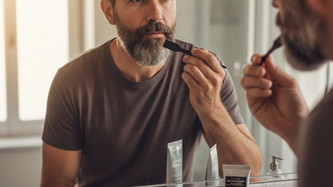 Homem aplicando tintura para barba com pincel