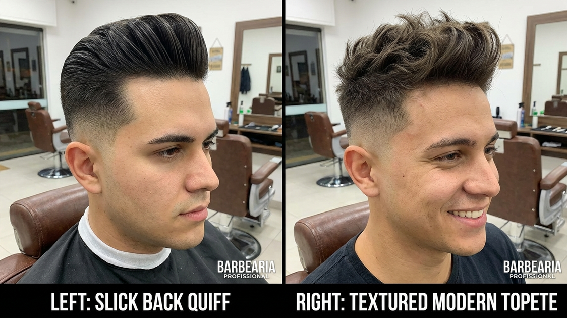 Diferentes estilos de topete masculino com fade em barbearia