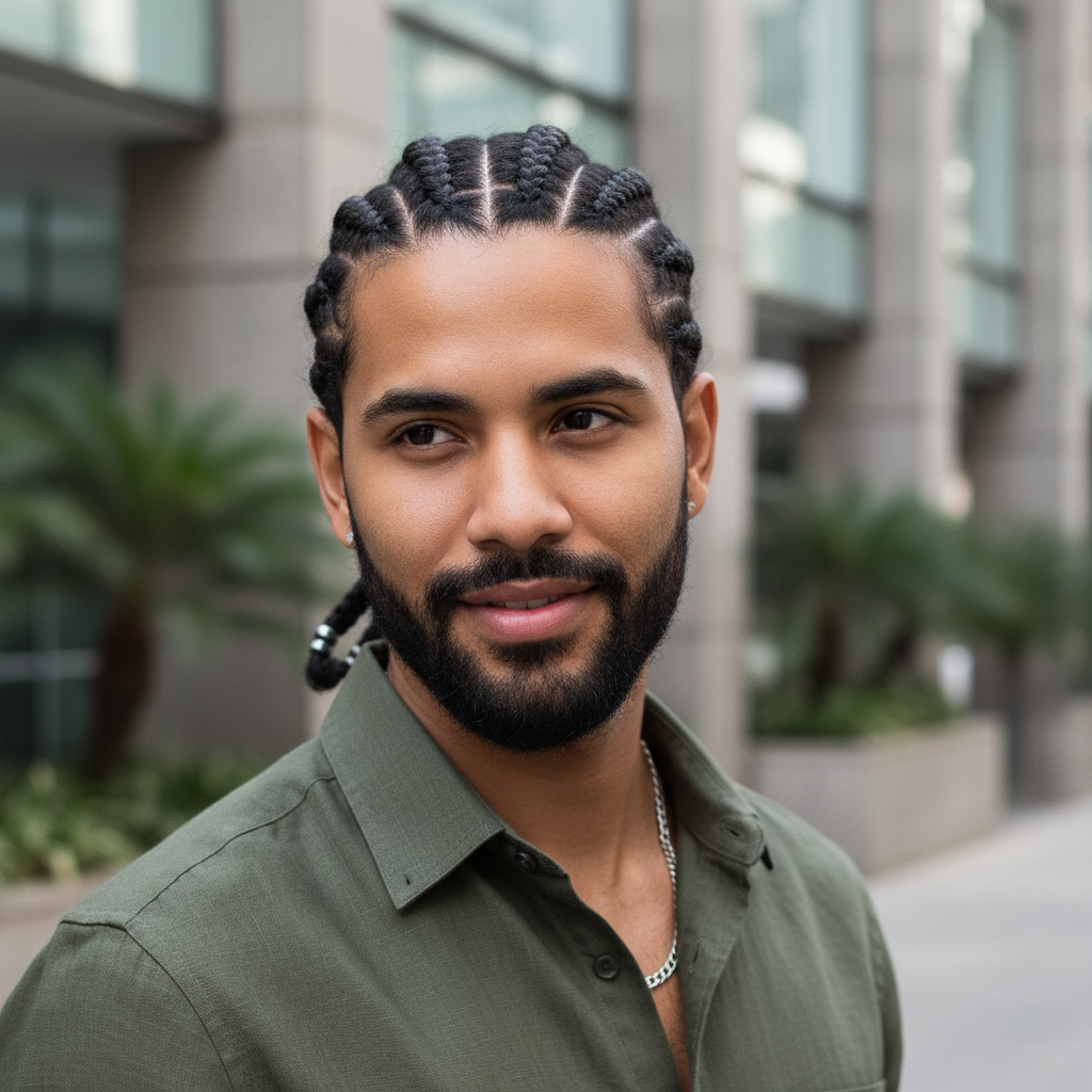 Homem com trança masculina em visual urbano