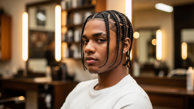Homem jovem com box braids em barbearia
