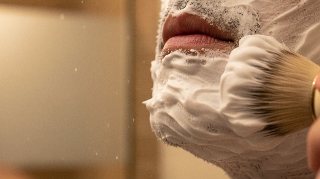 Aplicação de creme de barbear com pincel no rosto masculino