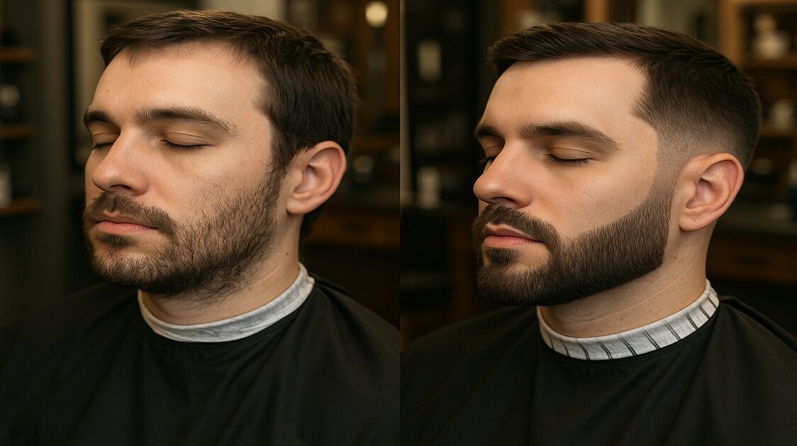 Homem fazendo barba no espelho com aparador