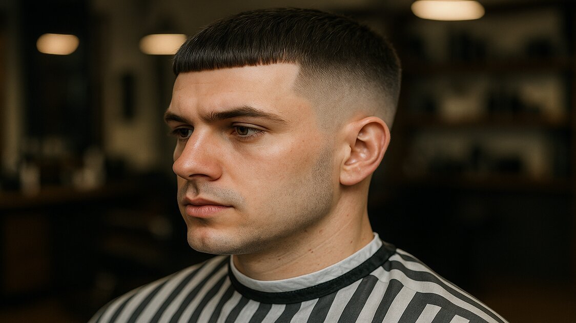 Caesar cut masculino com franja curta e laterais limpas