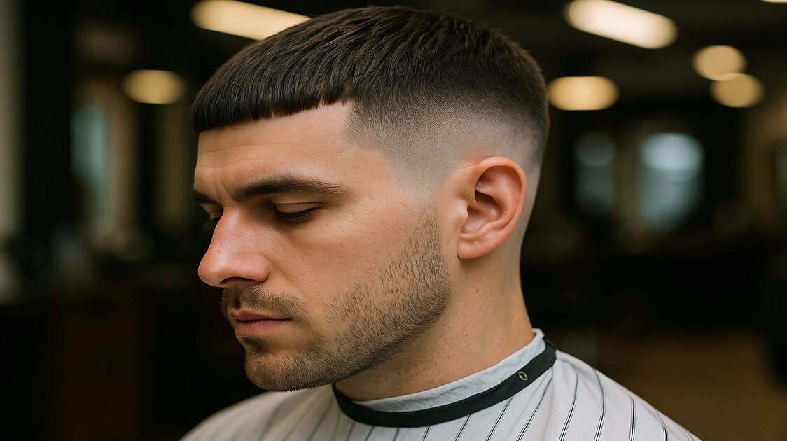 Variação de caesar cut masculino com textura leve no topo