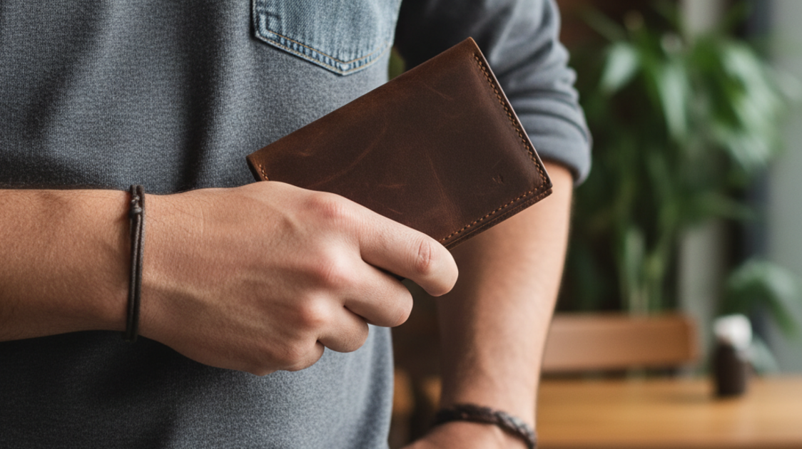 Homem com carteira masculina slim no bolso em look casual