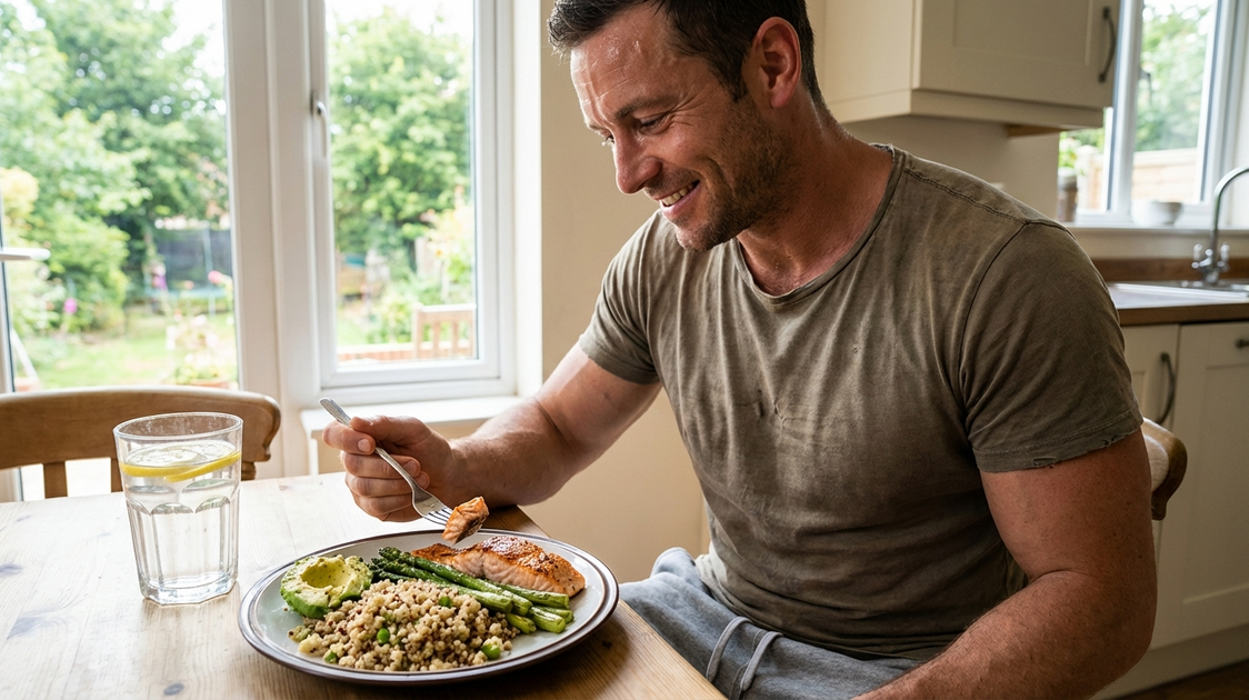 Homem saudável comendo alimentos ricos em proteína e zinco