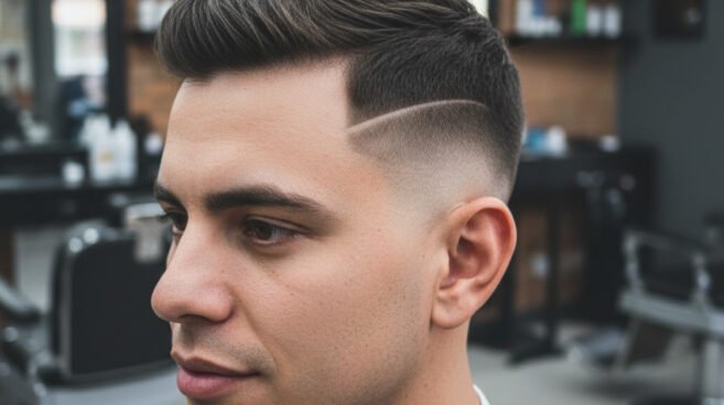 Corte com risco masculino em barbearia contemporânea