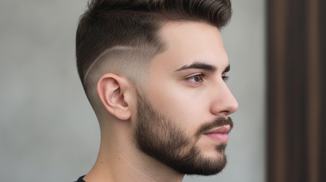 Perfil com corte com risco masculino e topo texturizado